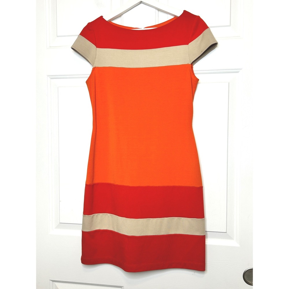 Muse Colorblock Knit Dress‎ 6 Orange Red Beige Cap Sleeve